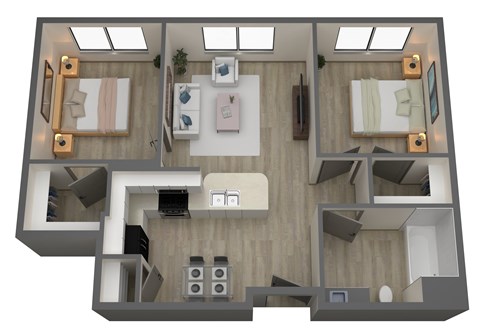 A 3D floor plan of a house with a living room, kitchen, and two bedrooms.